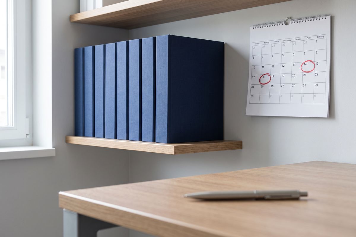 Organized compliance binders and a wall calendar in a small office