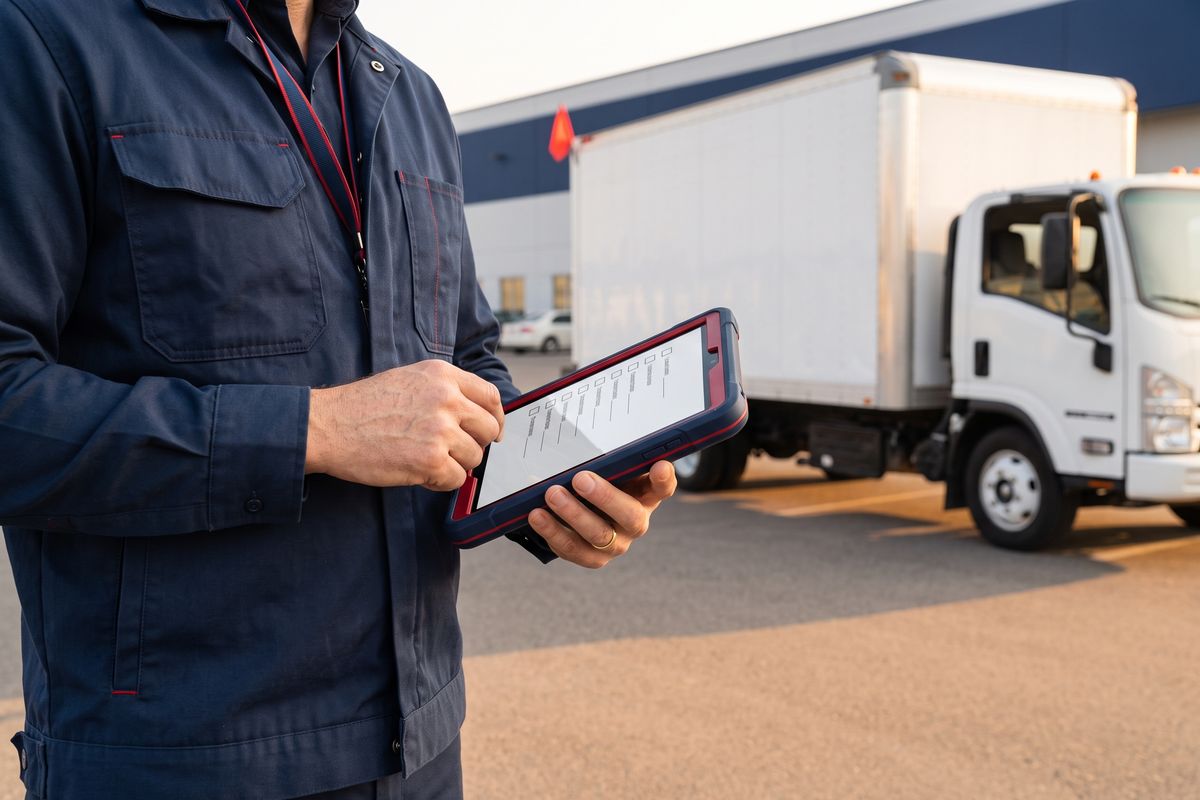 Safety coordinator reviewing a checklist beside a delivery truck in a fleet yard
