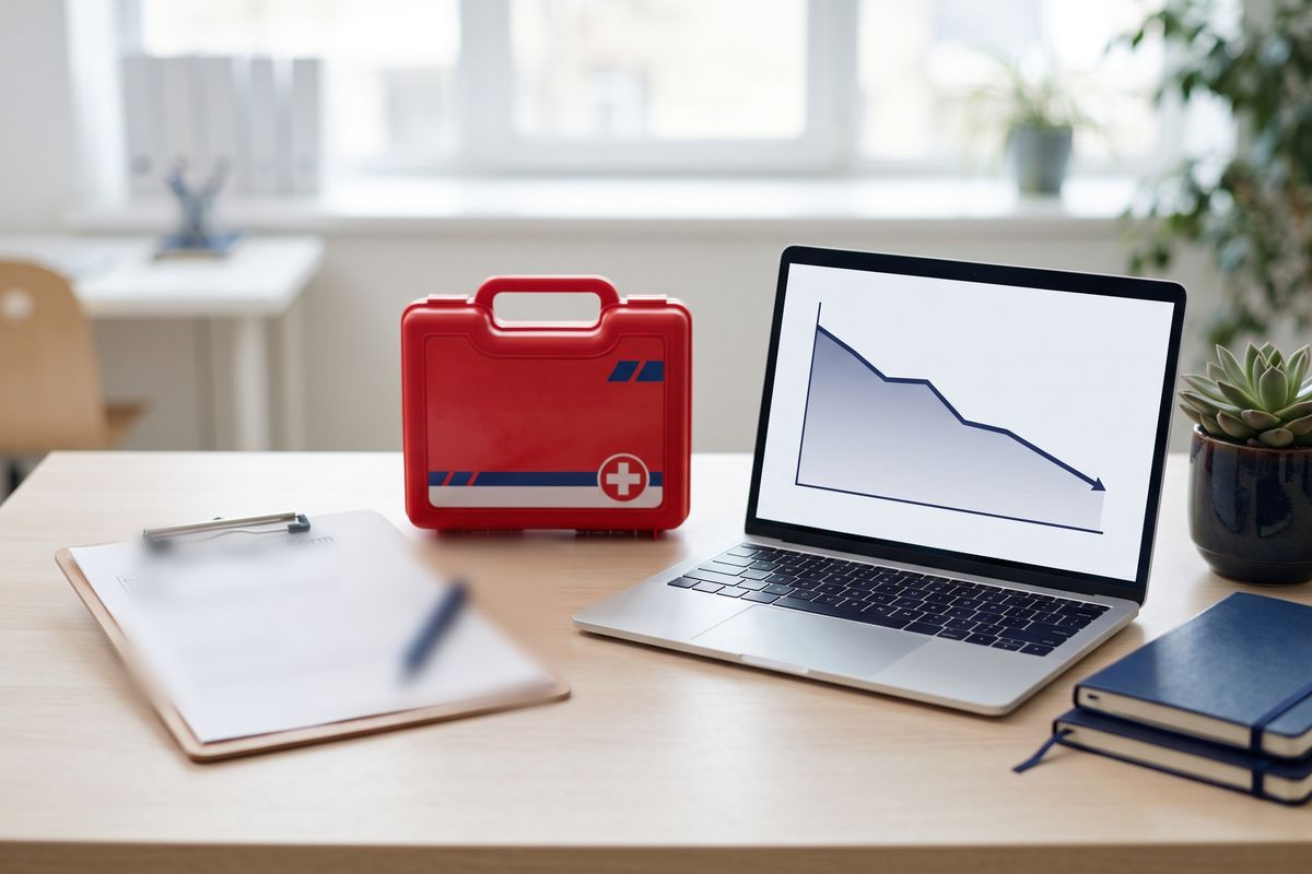 Desk with an incident report form, a first aid kit and a laptop showing a simple chart