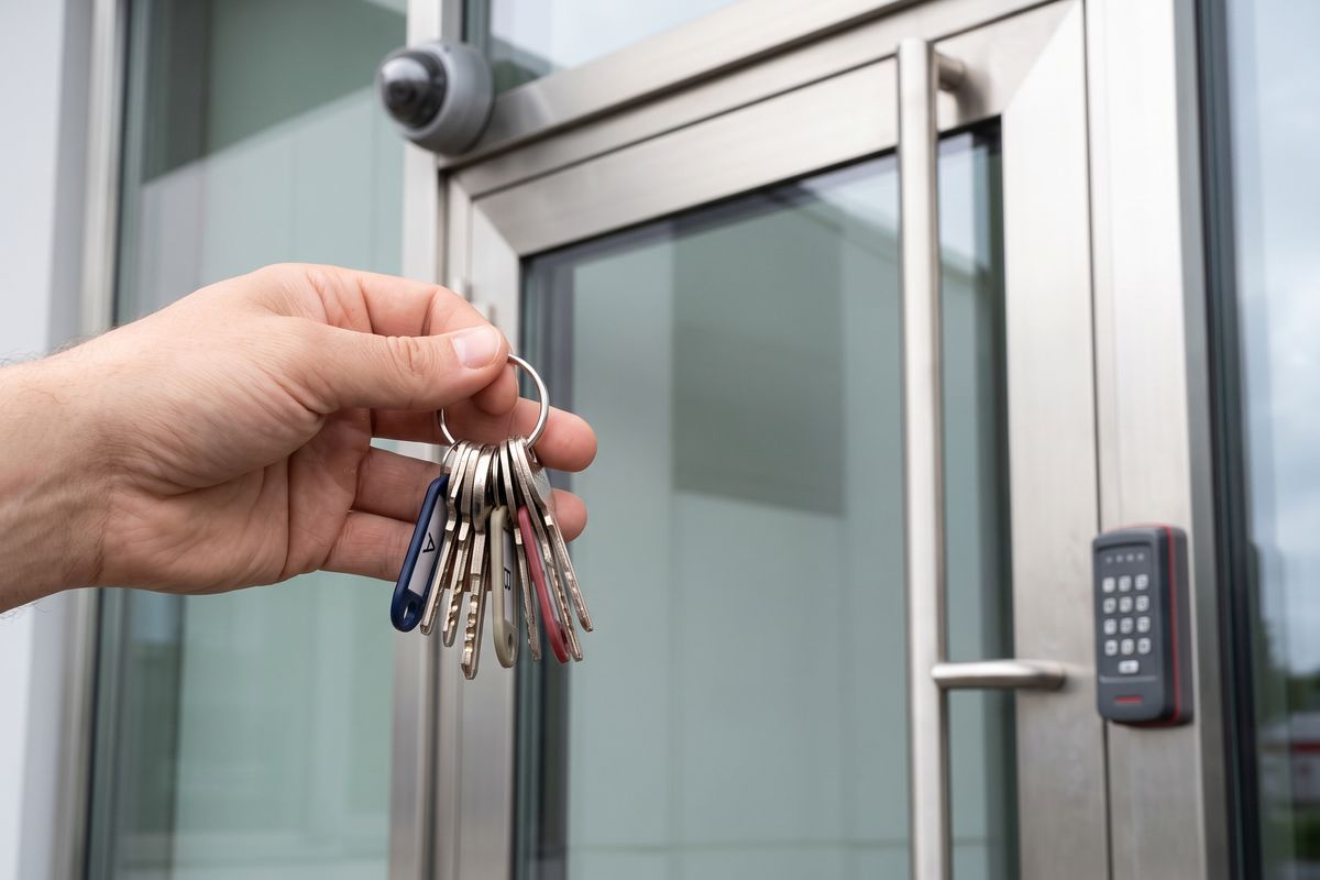 Hand holding a key ring in front of a commercial door with a security camera above