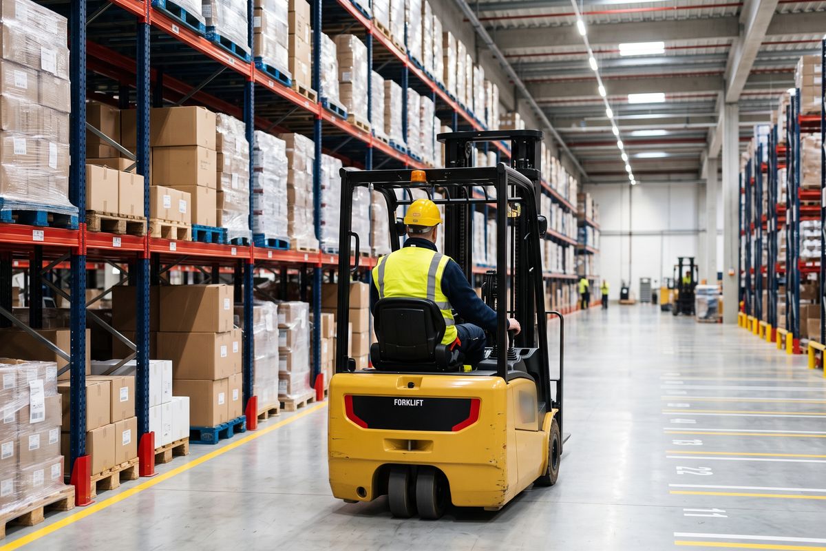 Forklift operator in a safety vest working in a clean, organized warehouse