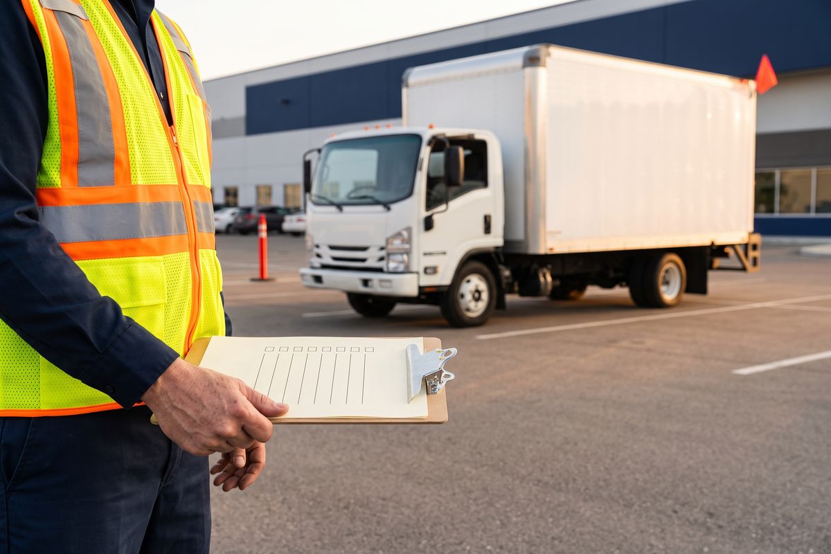 Person in a safety vest holding a checklist in front of a white box truck