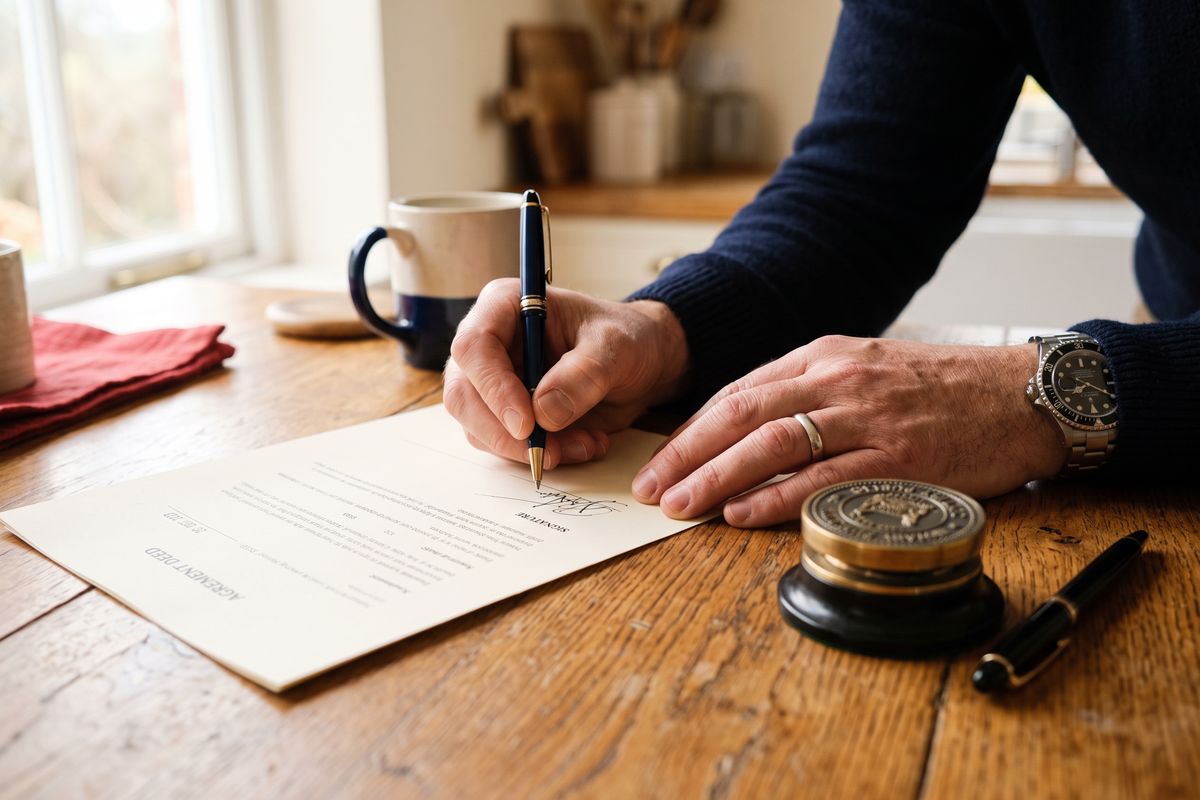 Hands signing a document at a kitchen table next to a notary seal