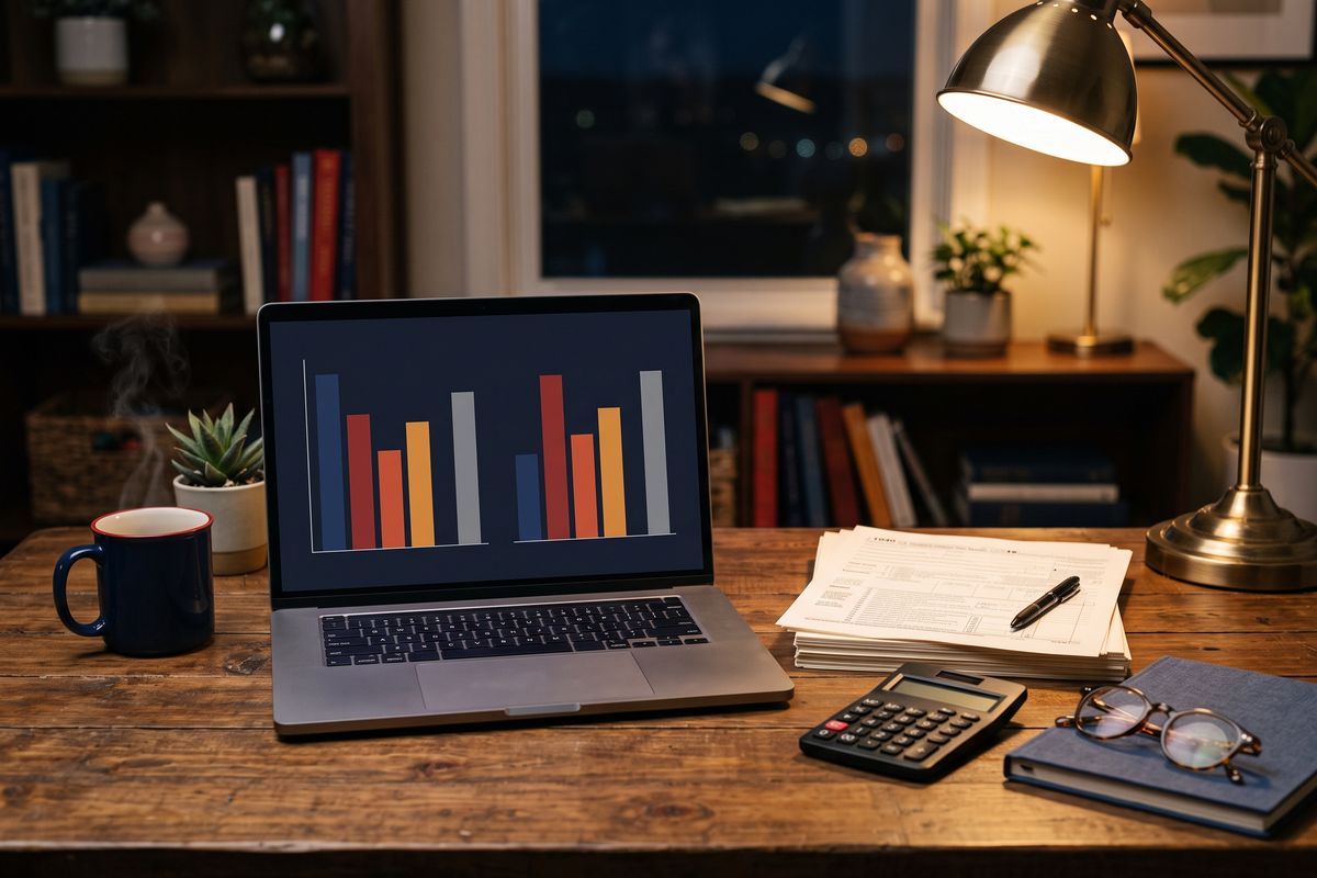 Home desk with a laptop, tax forms, a calculator and reading glasses