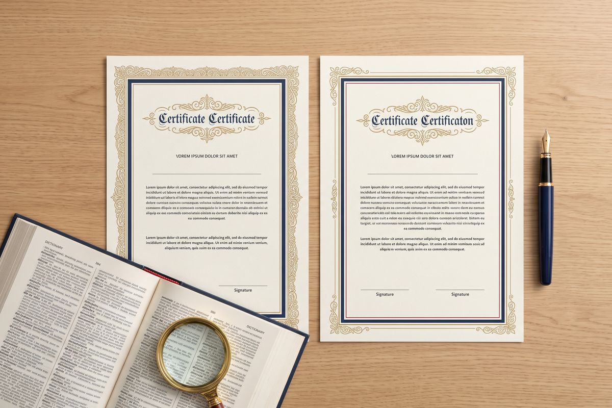 Two certificates, a dictionary, a magnifying glass and a fountain pen on a desk